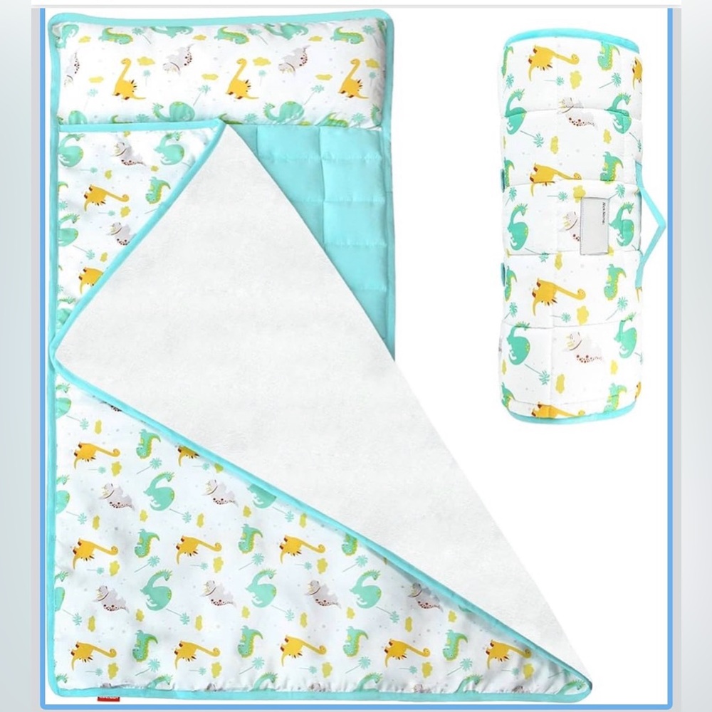 NIP Moonsea Toddler Nap Pad 50"x21" w/Pillow,Dinosaur,Fleece,Daycare,Blue/Yellow